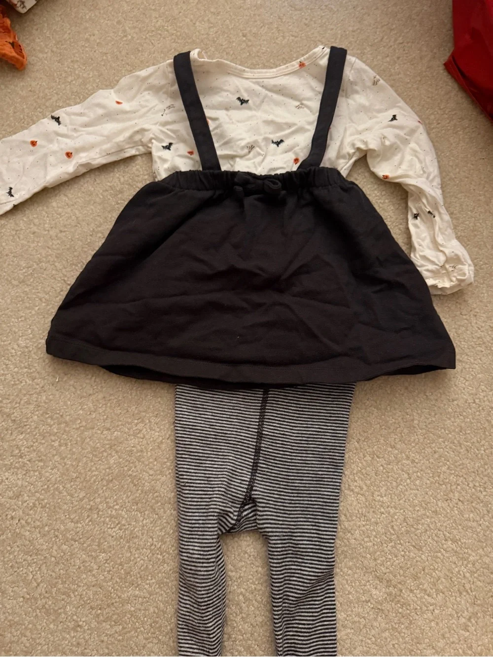 Carter's Black Suspender Skirt Halloween Set with White Printed Top and tights